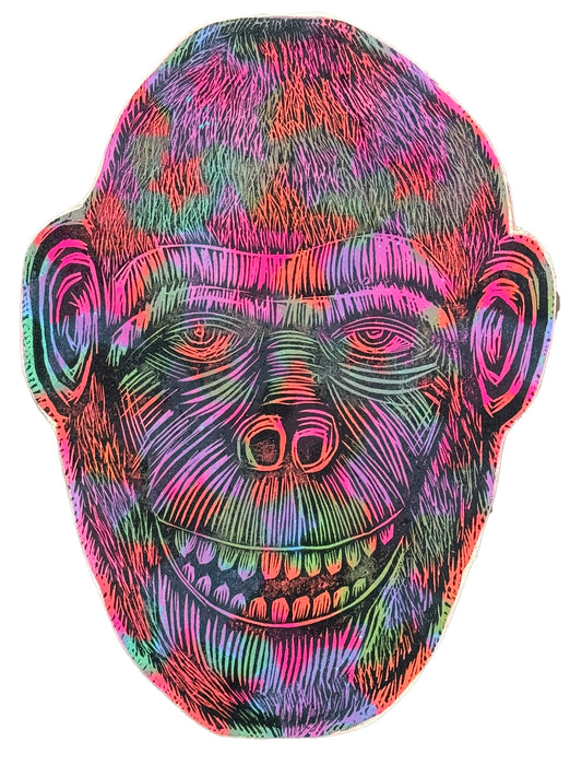 Starfield Chimp Woodcut on Wooden Panel