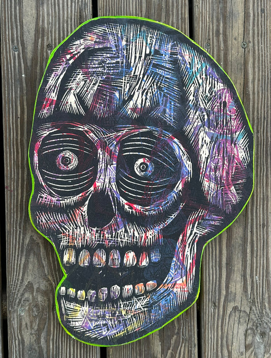 Stars Skull Woodcut Printed on Wooden Panel