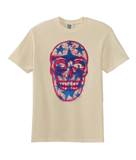 Stars (Straight) Skull  Woodcut Handprinted T-Shirt