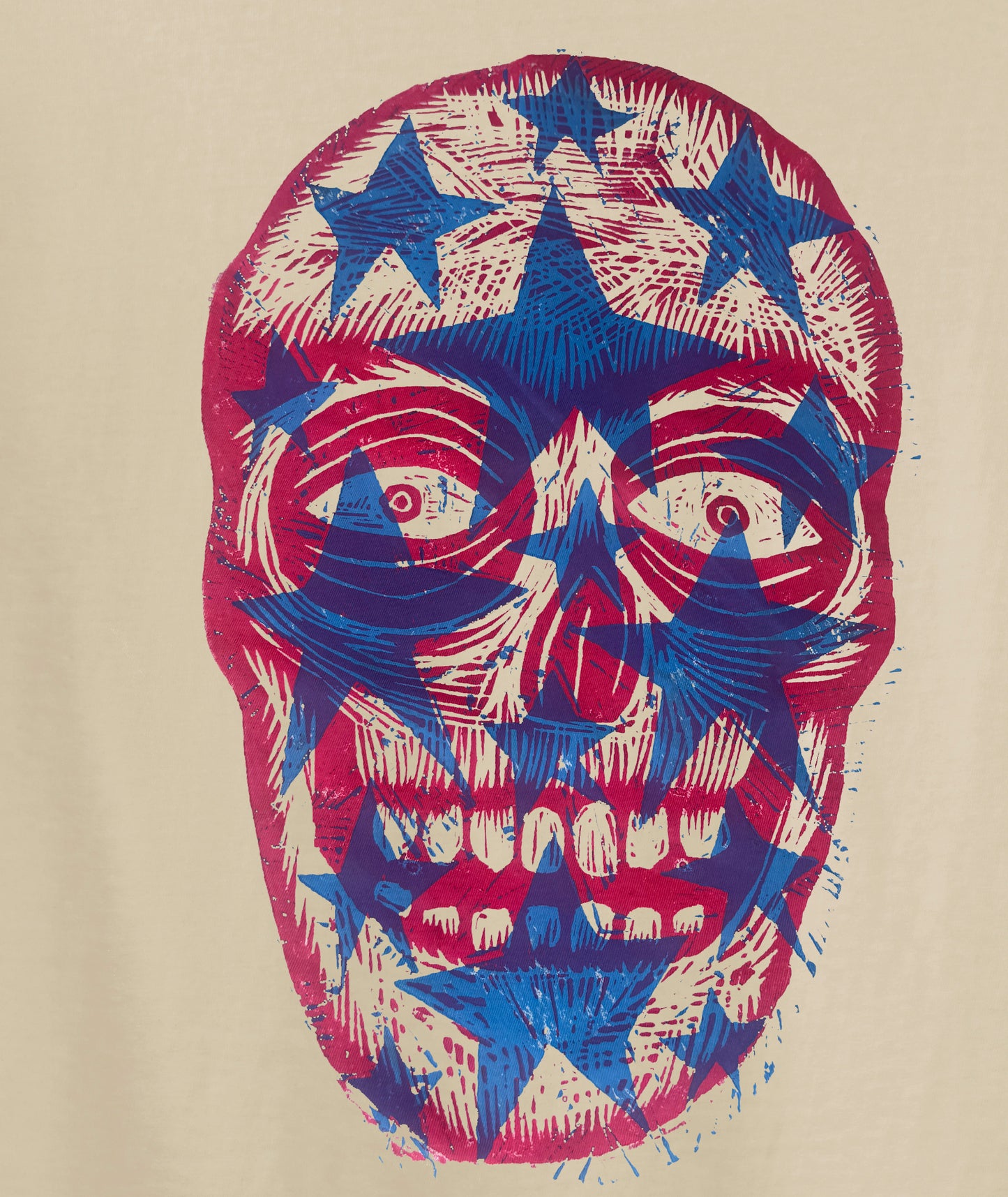Stars (Straight) Skull  Woodcut Handprinted T-Shirt