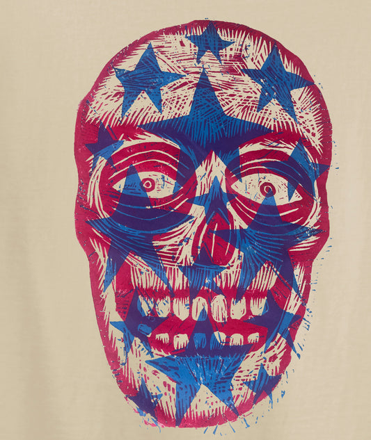 Stars (Straight) Skull  Woodcut Handprinted T-Shirt