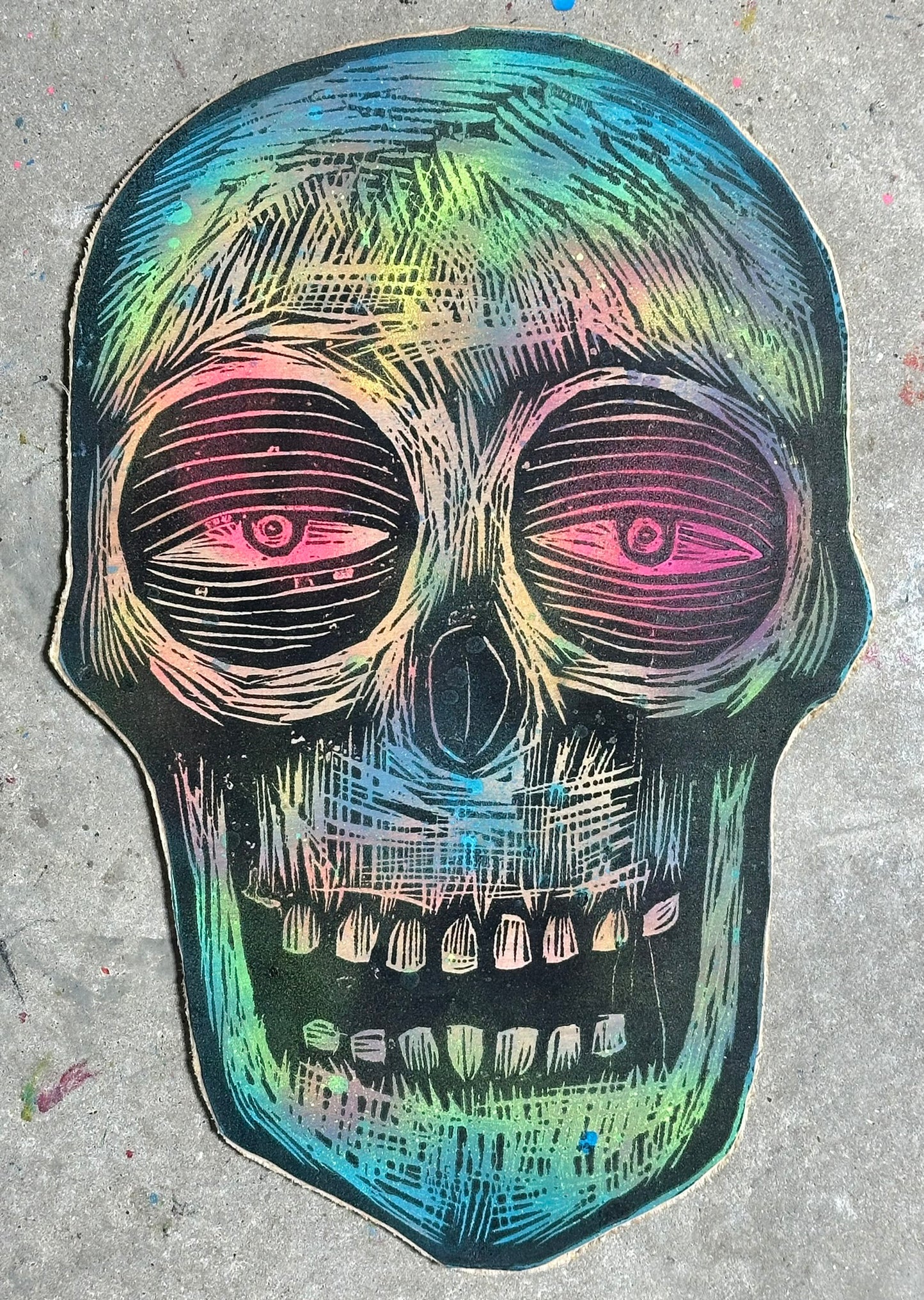 Straight Face Skull Woodcut printed on Wooden Panel