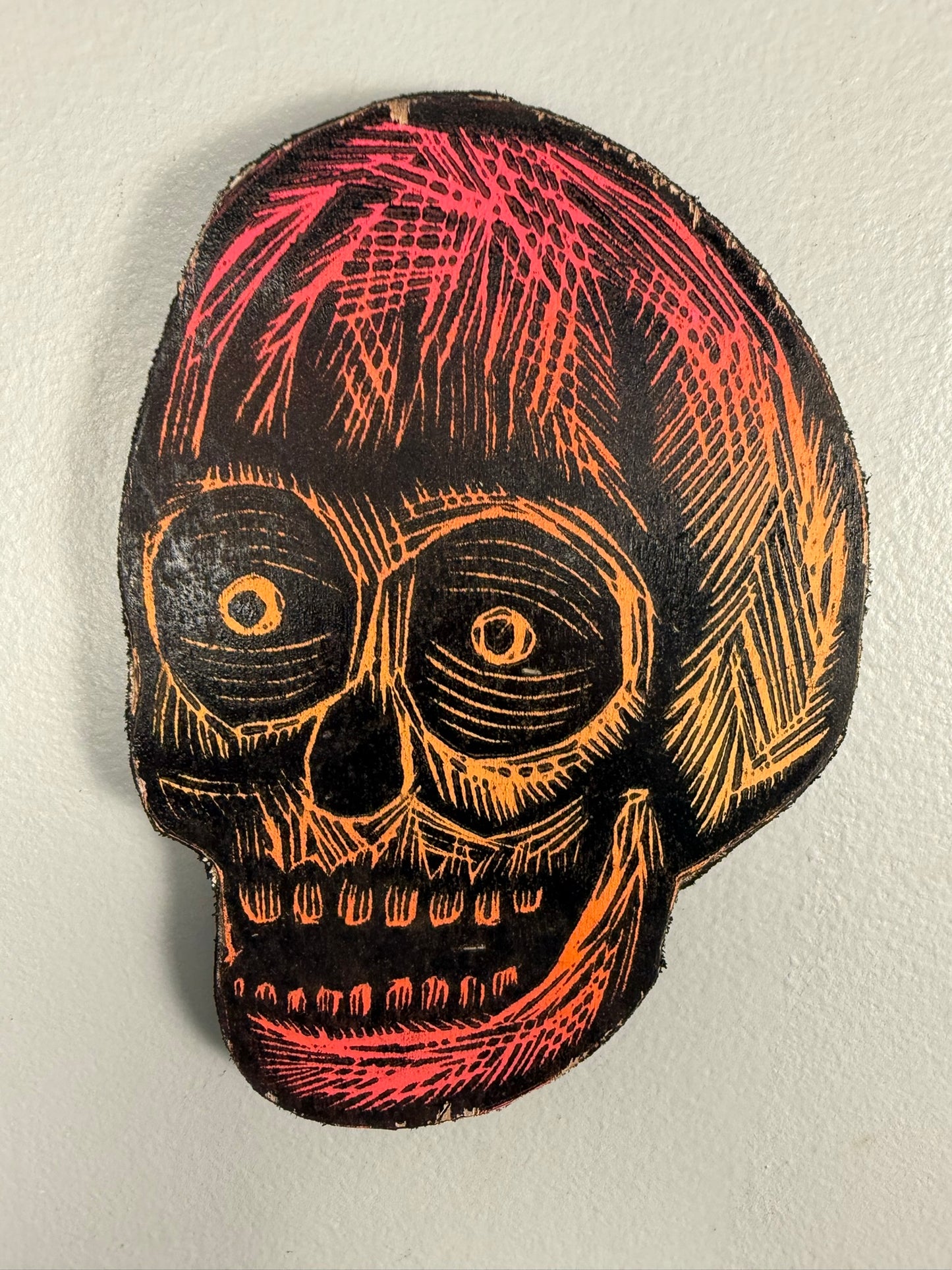 Mini Skull Woodcut Printed on Wooden Panel