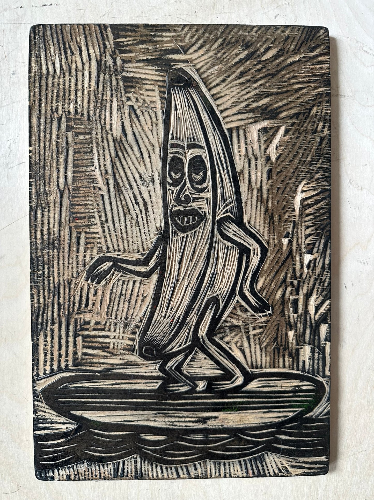Surfing Banana Woodcut Handprinted T-Shirt