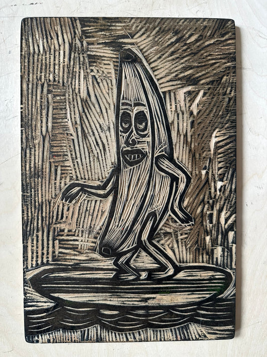 Surfing Banana Woodcut Handprinted T-Shirt