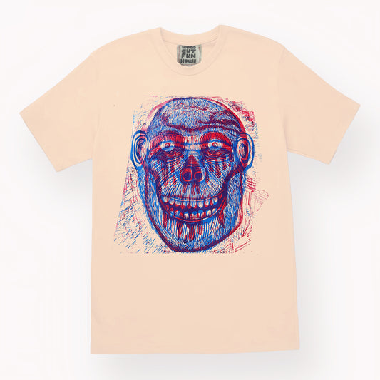 Bloody Eye Skull And Chimp Woodblock Handprinted T-Shirt
