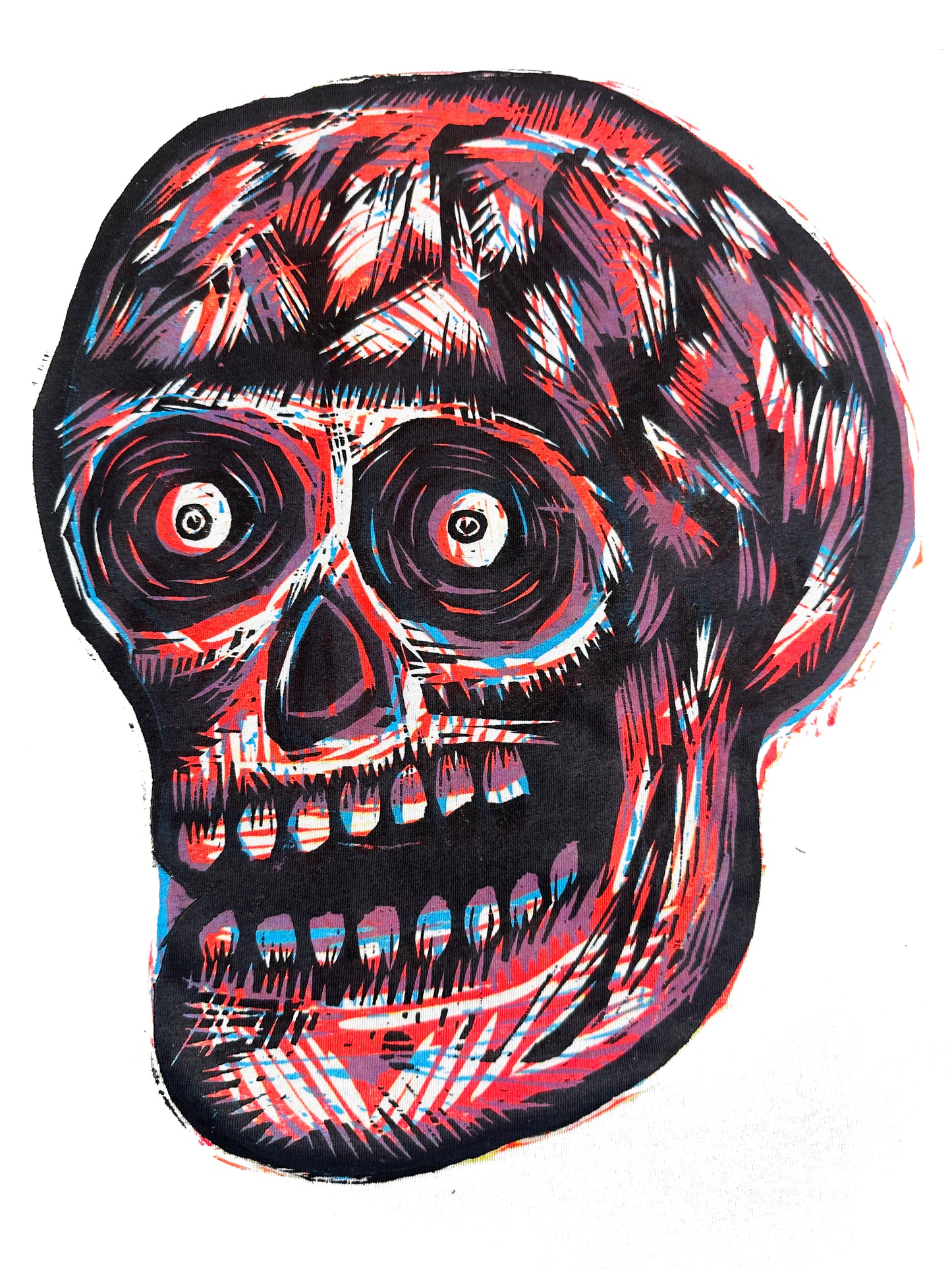 Skull Handprinted Color Woodcut T-Shirt