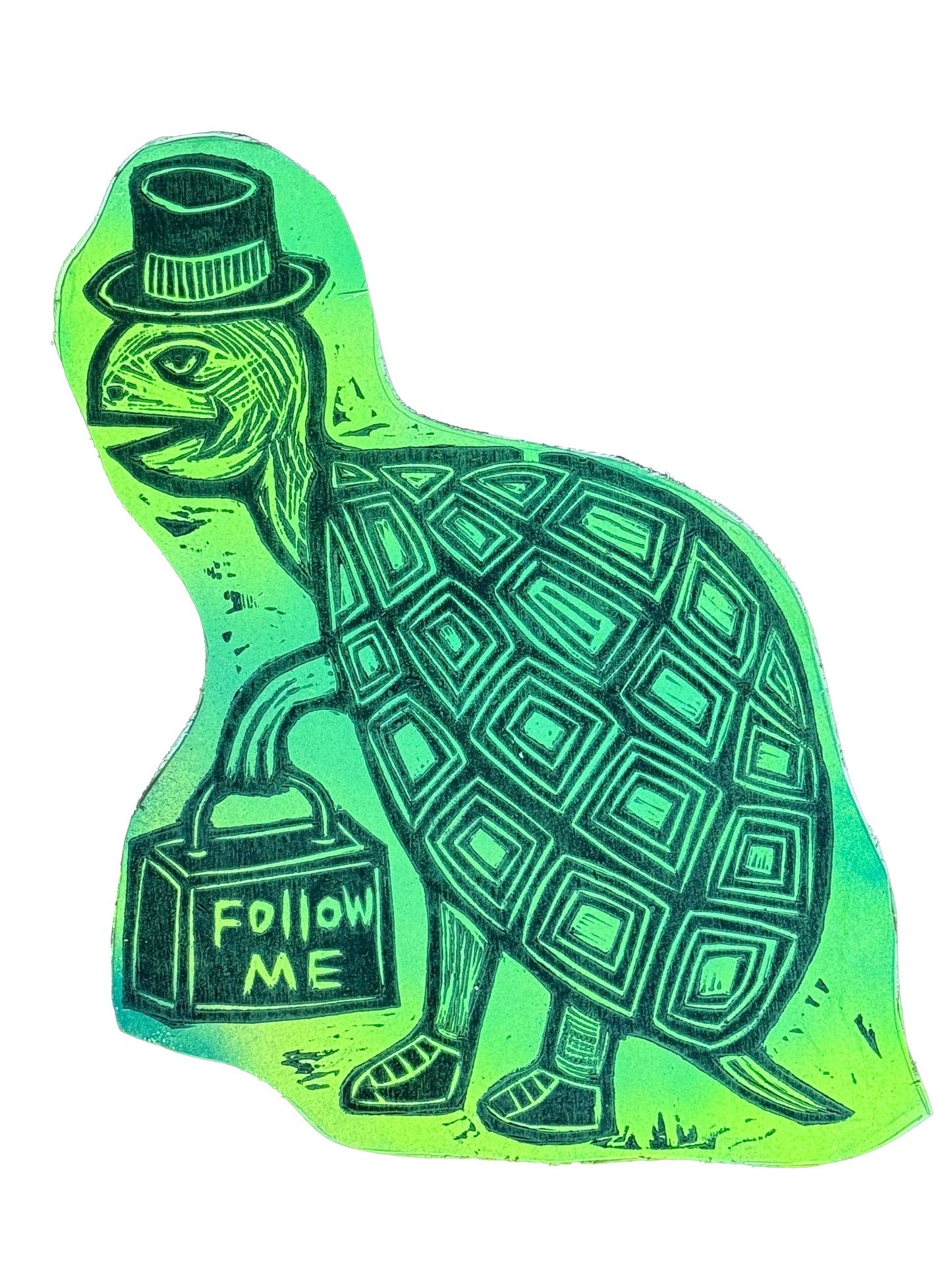 Tophat Turtle Woodcut  printed on  Wooden Panel