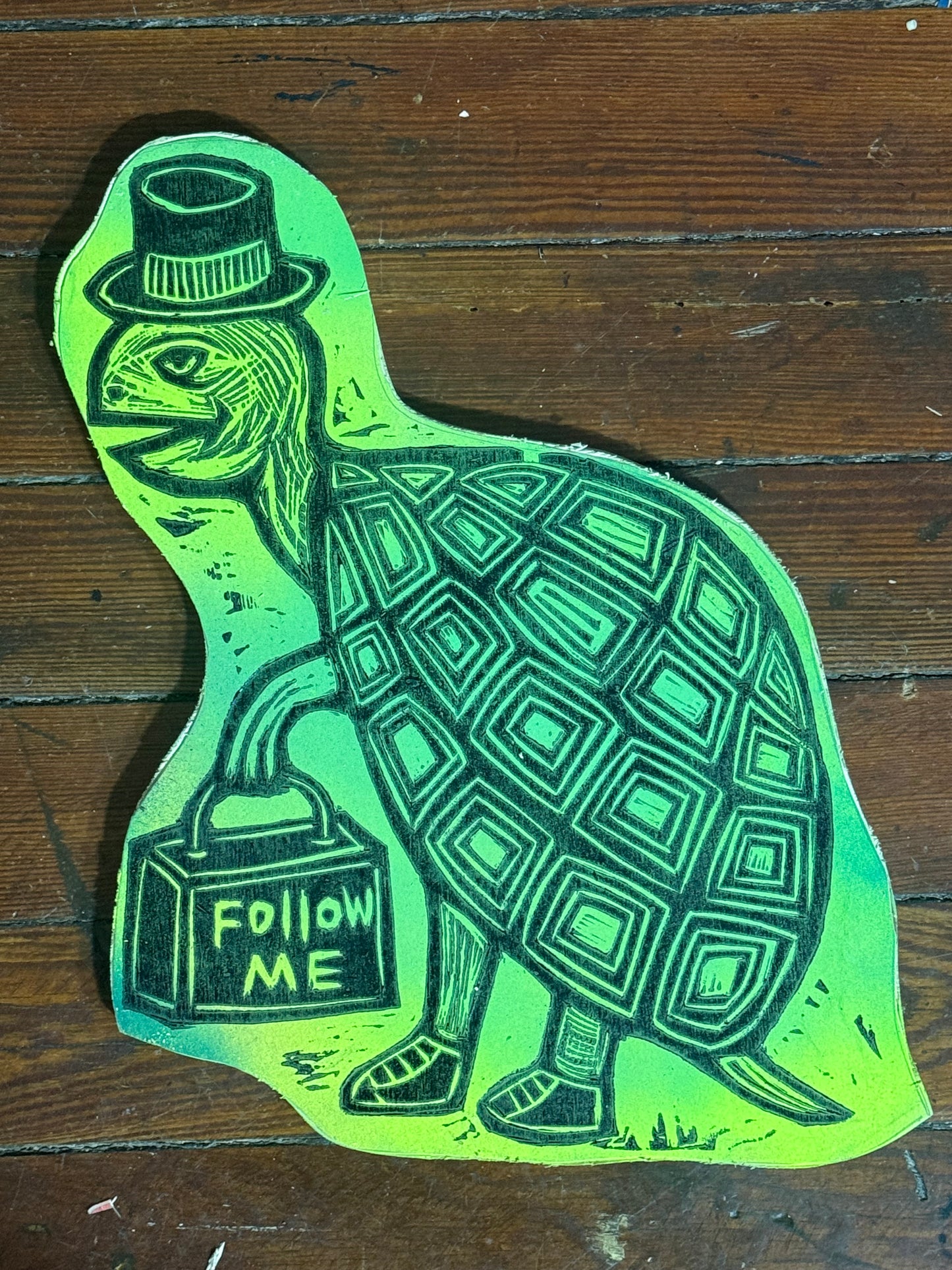 Tophat Turtle Woodcut  printed on  Wooden Panel