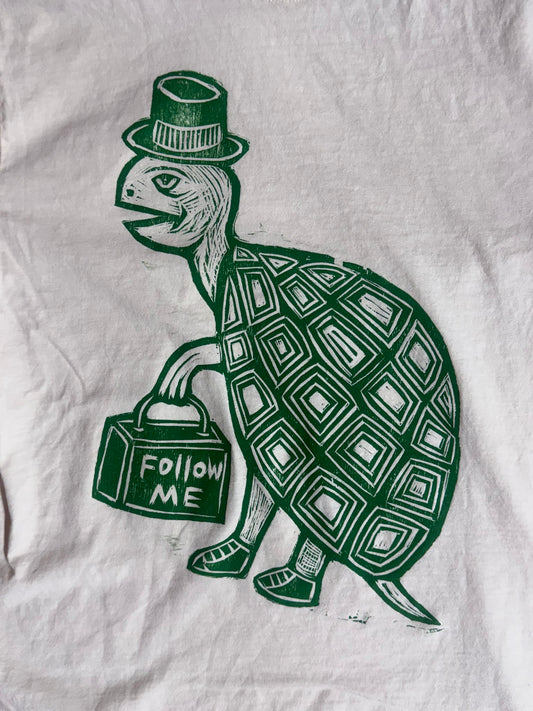 Tophat Turtle Woodcut Handprinted T-Shirt