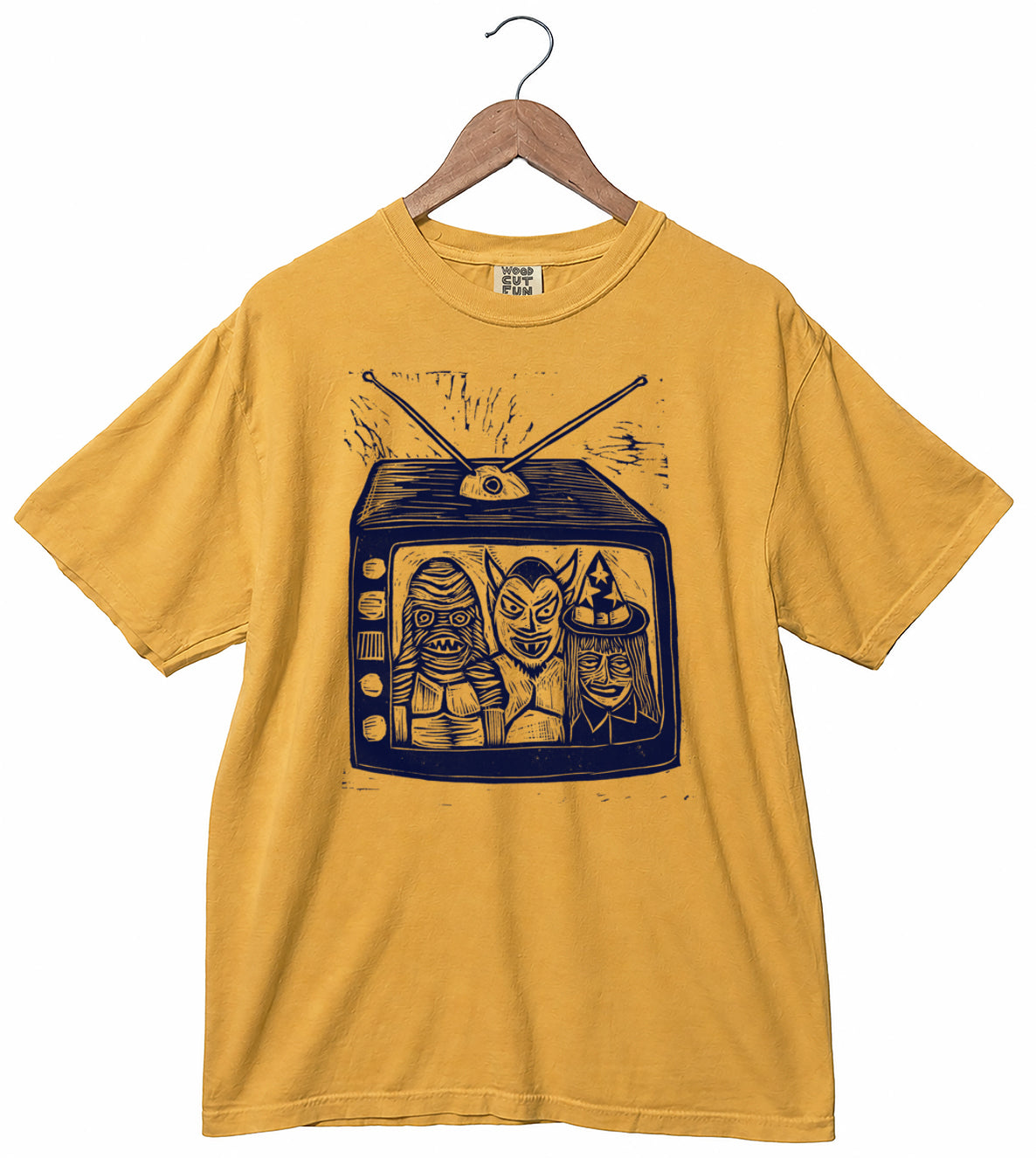 TV Party Woodcut Handprinted T-Shirt