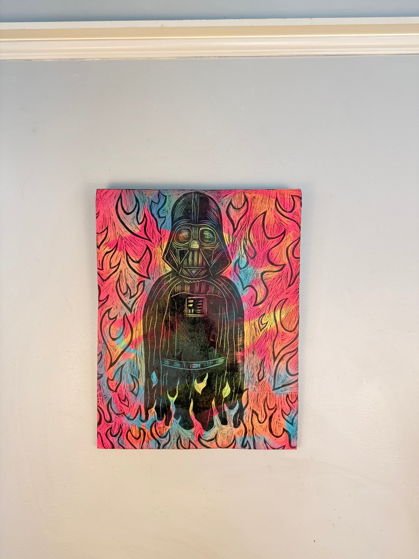 Starfield Vader Woodcut printed on a Wooden Panel