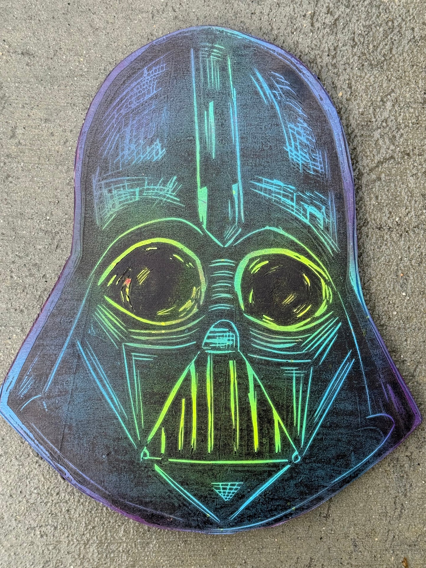 Vader Head Woodcut  handprinted on  Wooden Panel