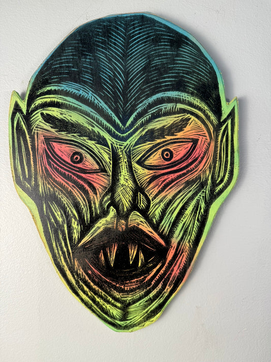 Vampire Woodcut Handprinted Wall Art Wooden Panel