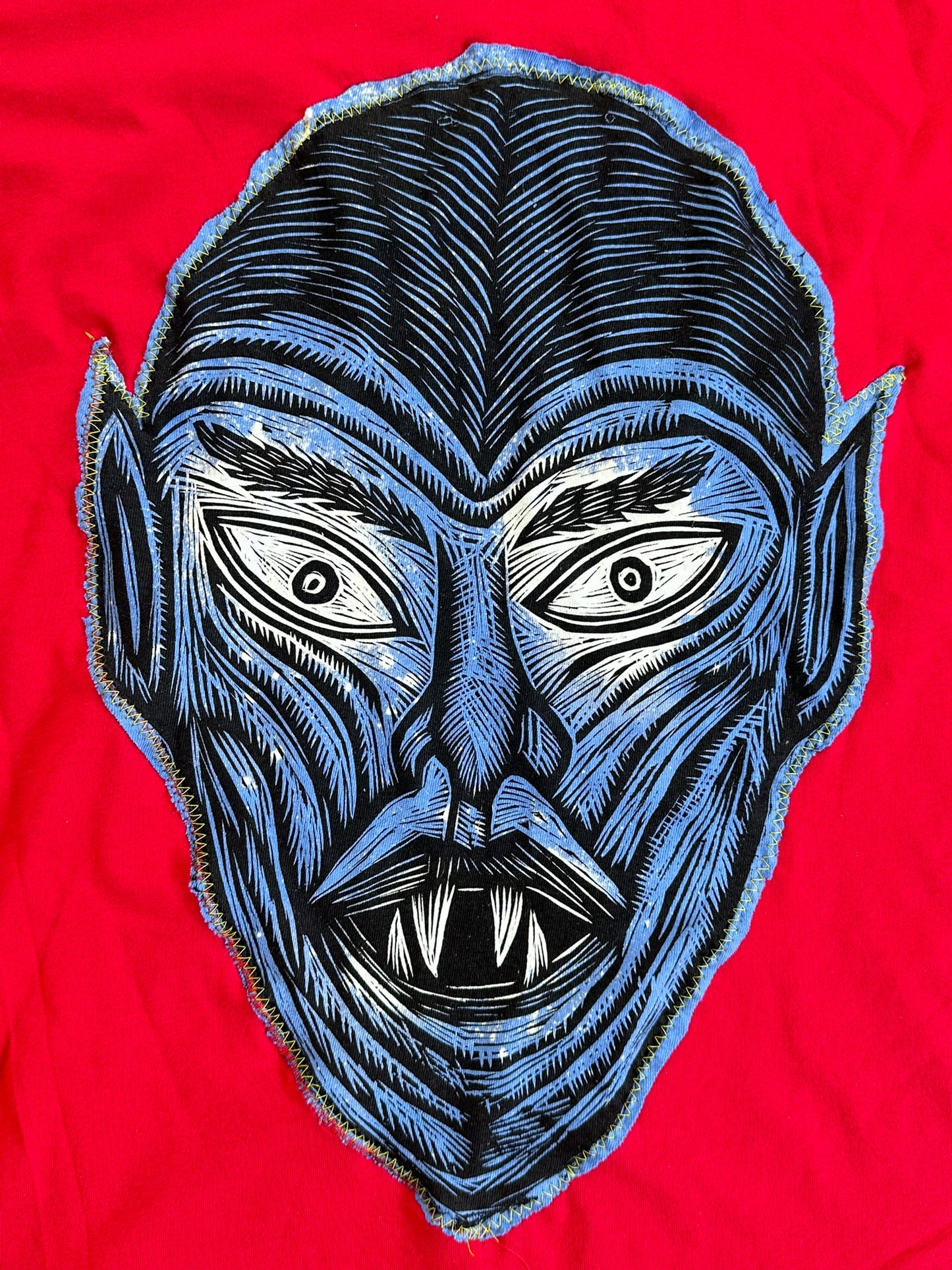 Blue Vampire Appliqued Woodcut Handprinted T-Shirt