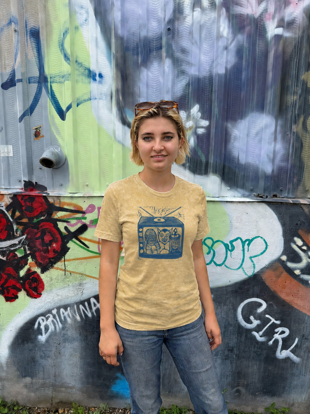 TV Party Woodcut Handprinted T-Shirt