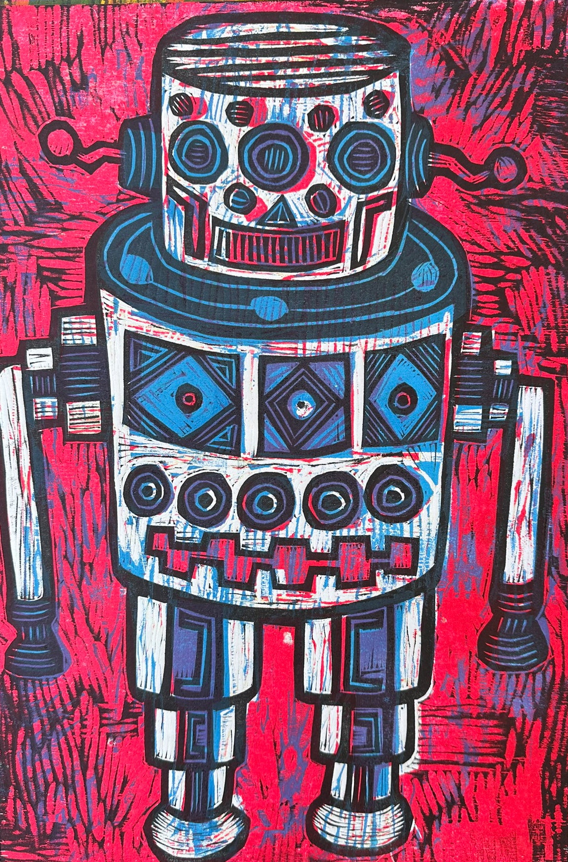 White Robot Woodcut hand pulled Print