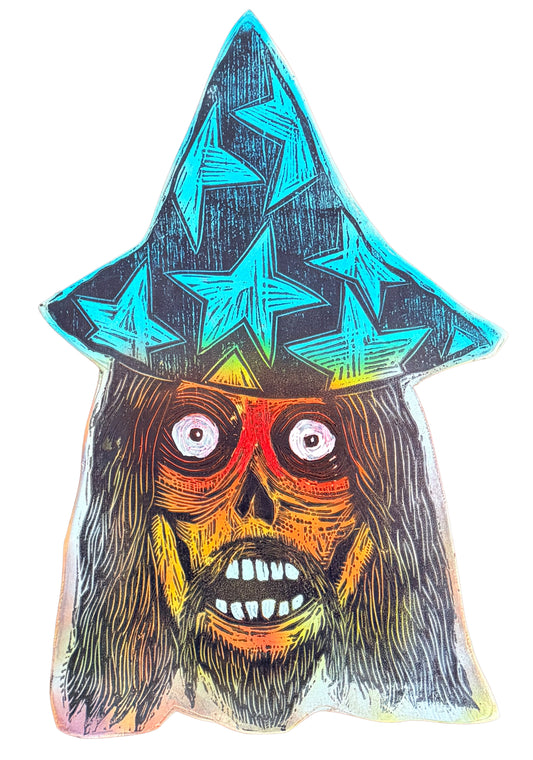 Wizard Woodcut handprinted on Wooden Panel 10"x 16"