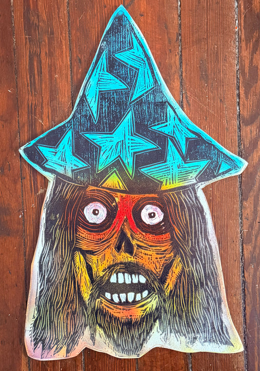 Wizard Woodcut handprinted on Wooden Panel 10"x 16"