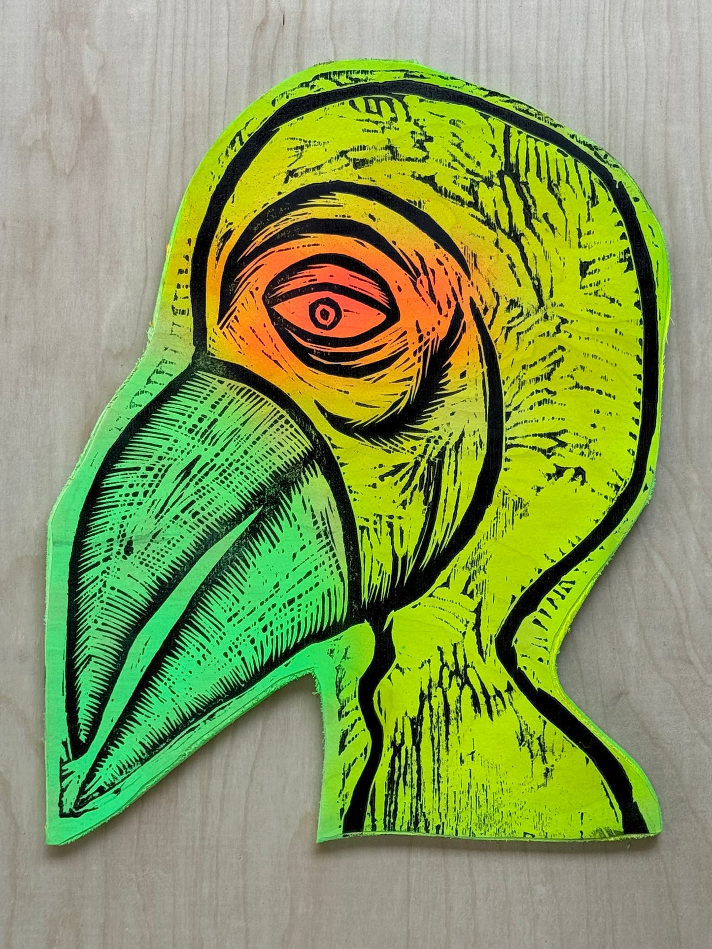 Bird Man  Woodcut Printed on Wooden Panel