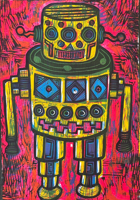 Yellow Robot Woodcut  Handpulled Print