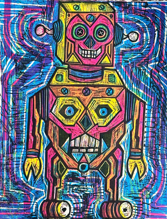 Orange Yonezawa Robot ( Multi Color Handprinted Woodcut) Print
