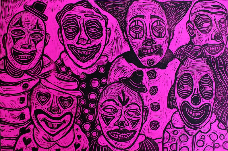 Clowns Woodcut Handpulled Print