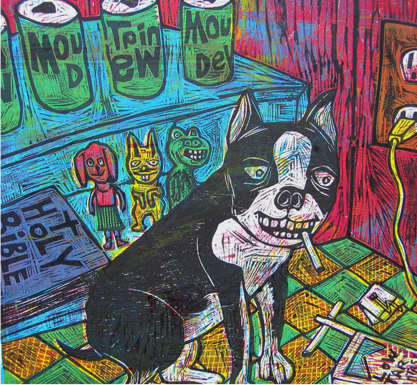 Devil Dog Multiblock Handprinted Color Woodcut
