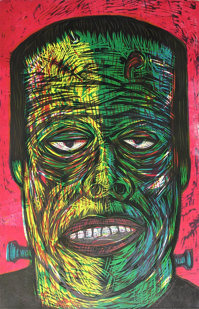 Frankenstein Color Handprinted Woodcut