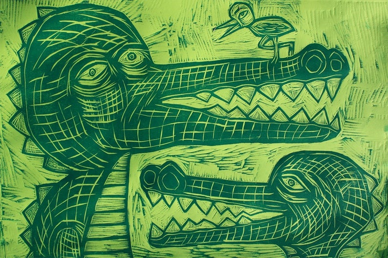 Gators and Bird Woodcut