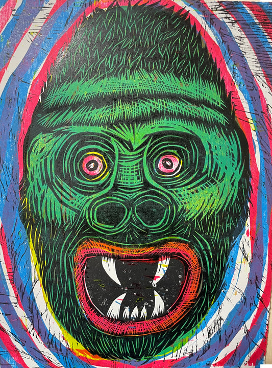 Green Gorilla Editioned Handprinted Color Woodcut