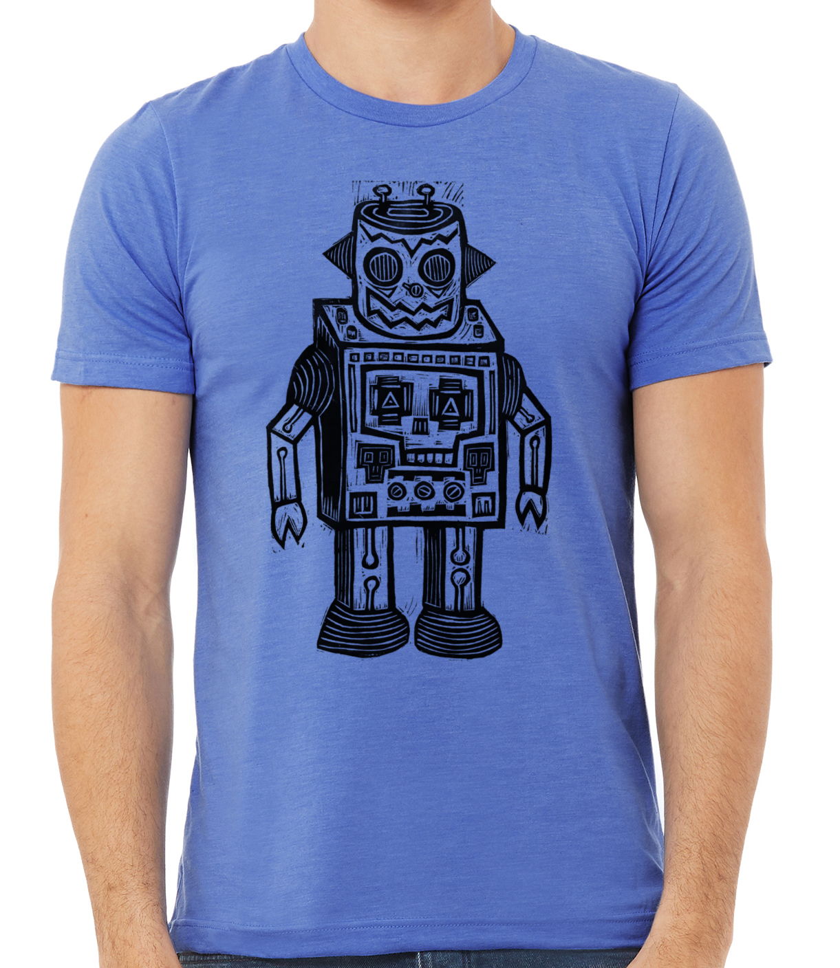 Skull Robot Handprinted Linocut – Woodcut Funhouse T-Shirt