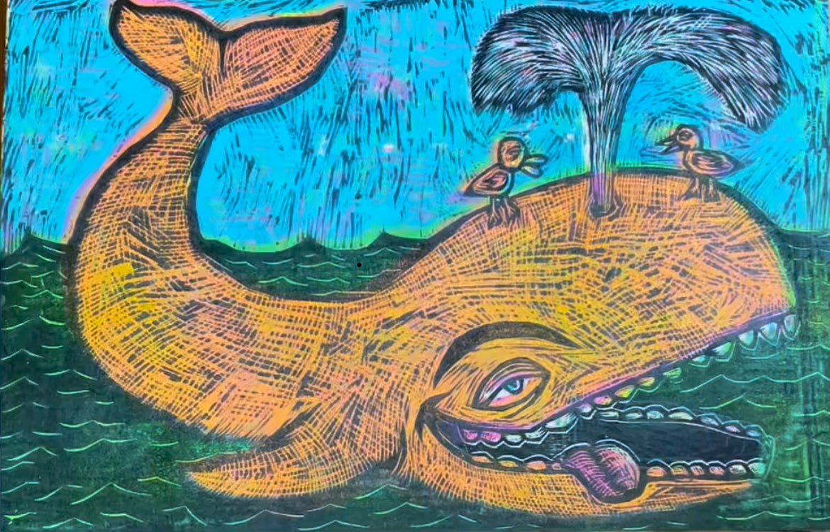 Moby Tang Woodcut Printed on Wooden Panel