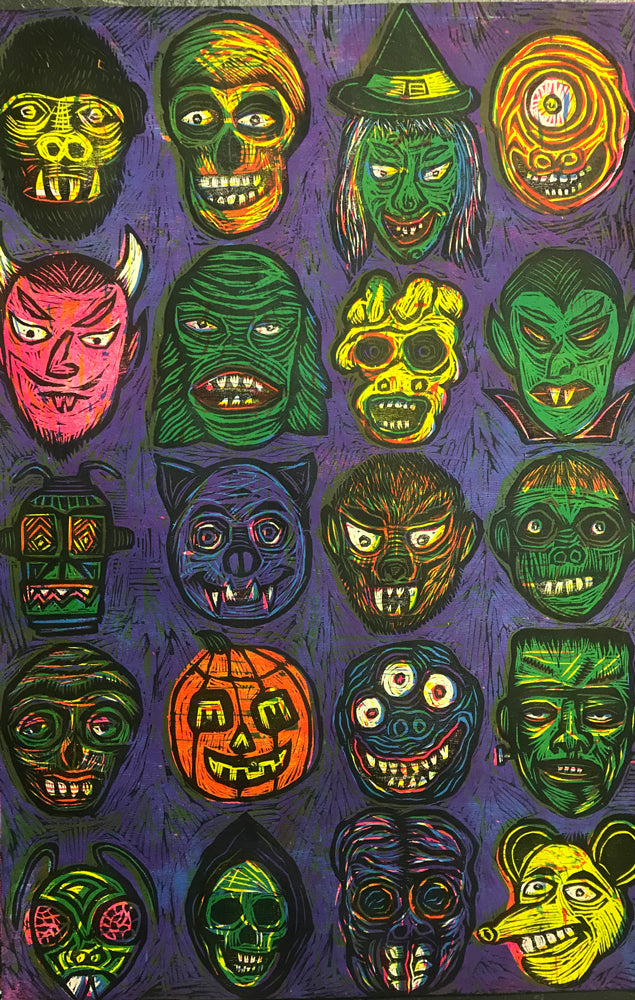 Monster Faces Color Woodcut