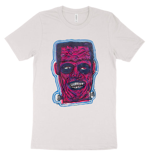Pink Frankenstein Color Linocut Handprinted T-Shirt