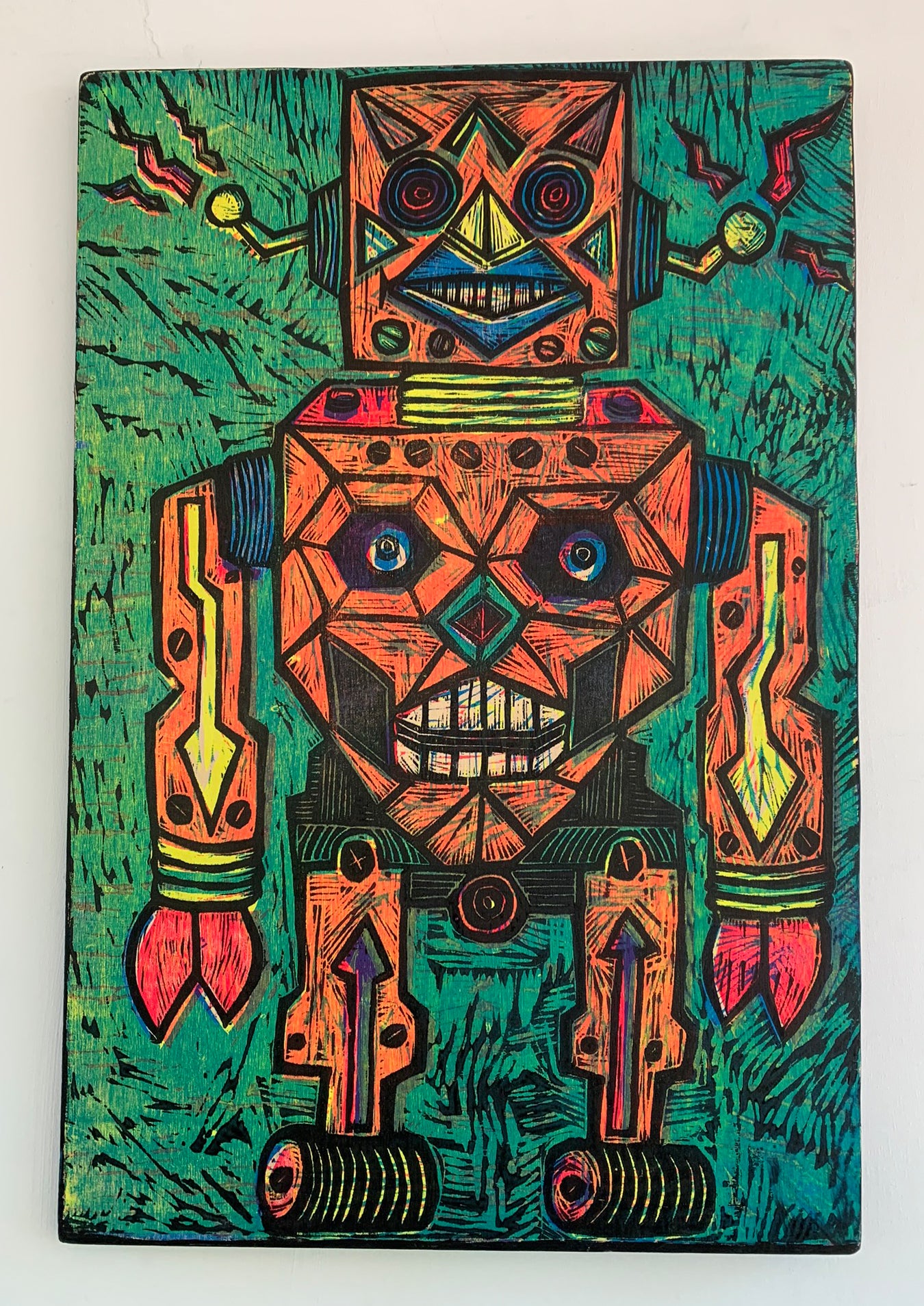 Robot Woodcut Printed on Wooden Panel