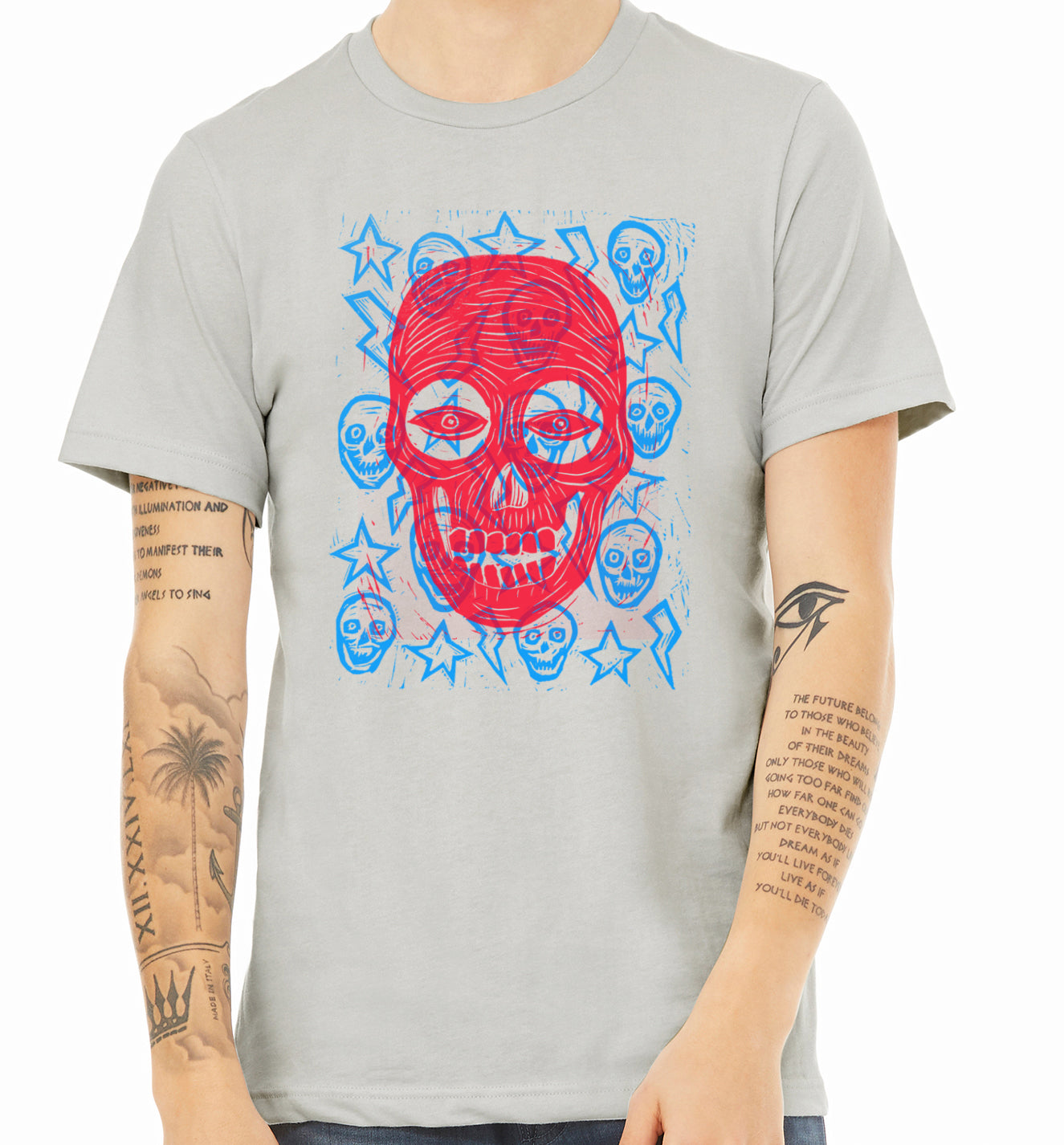 Skulls Stars and Bolts Linocut Handprinted T-Shirt