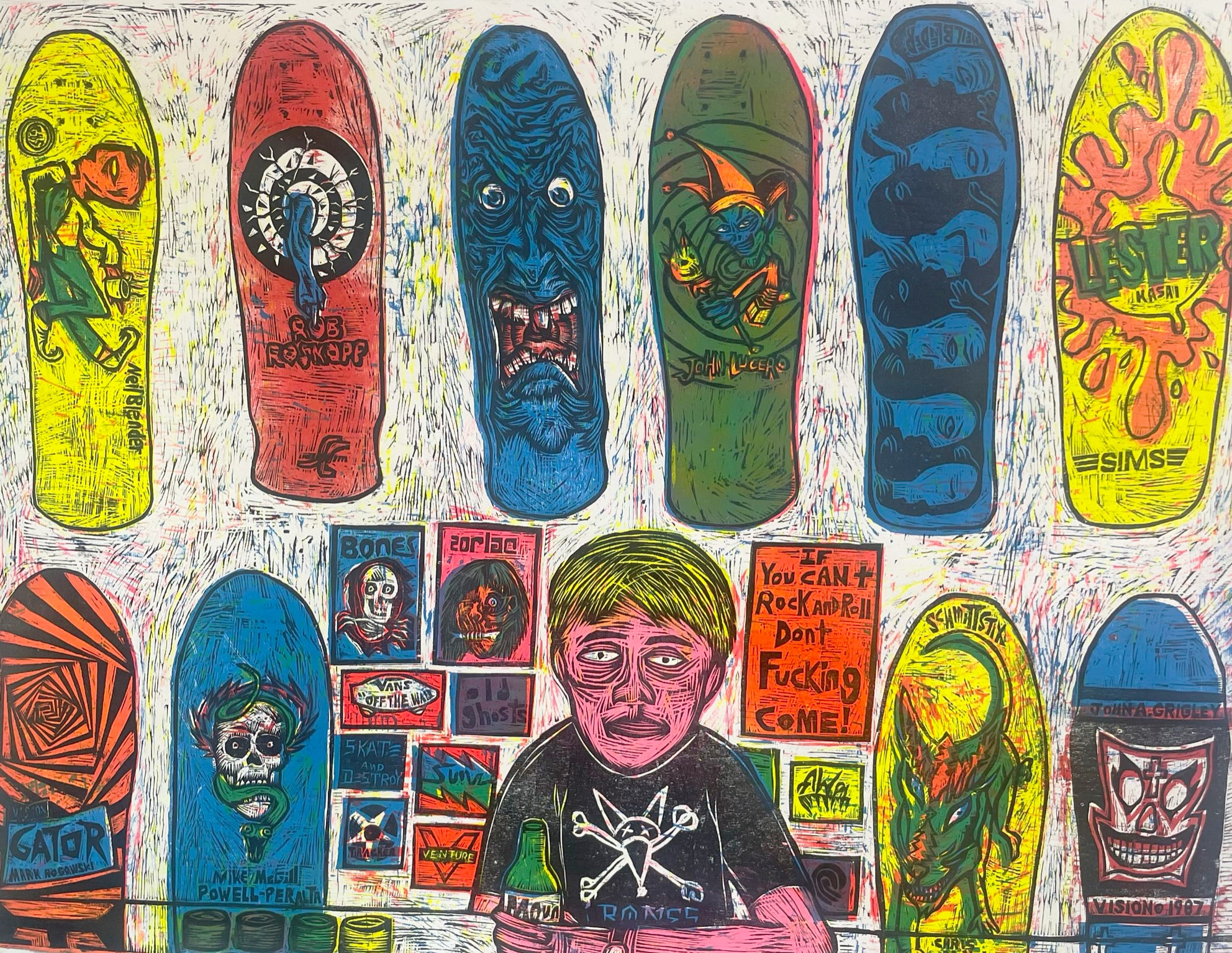 Cutter Skate Store Skate Shop Multi Color Woodcut Print – Woodcut Funhouse