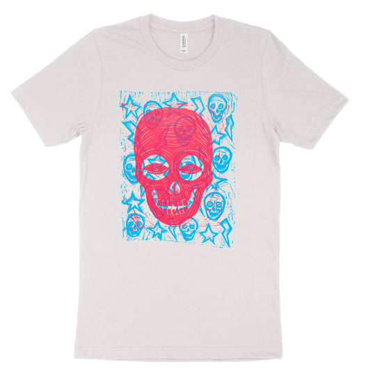 Skulls Stars and Bolts Linocut Handprinted T-Shirt