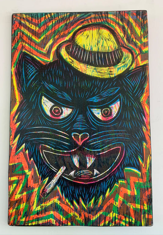 Tough Cat Woodcut Printed on Wooden Panel