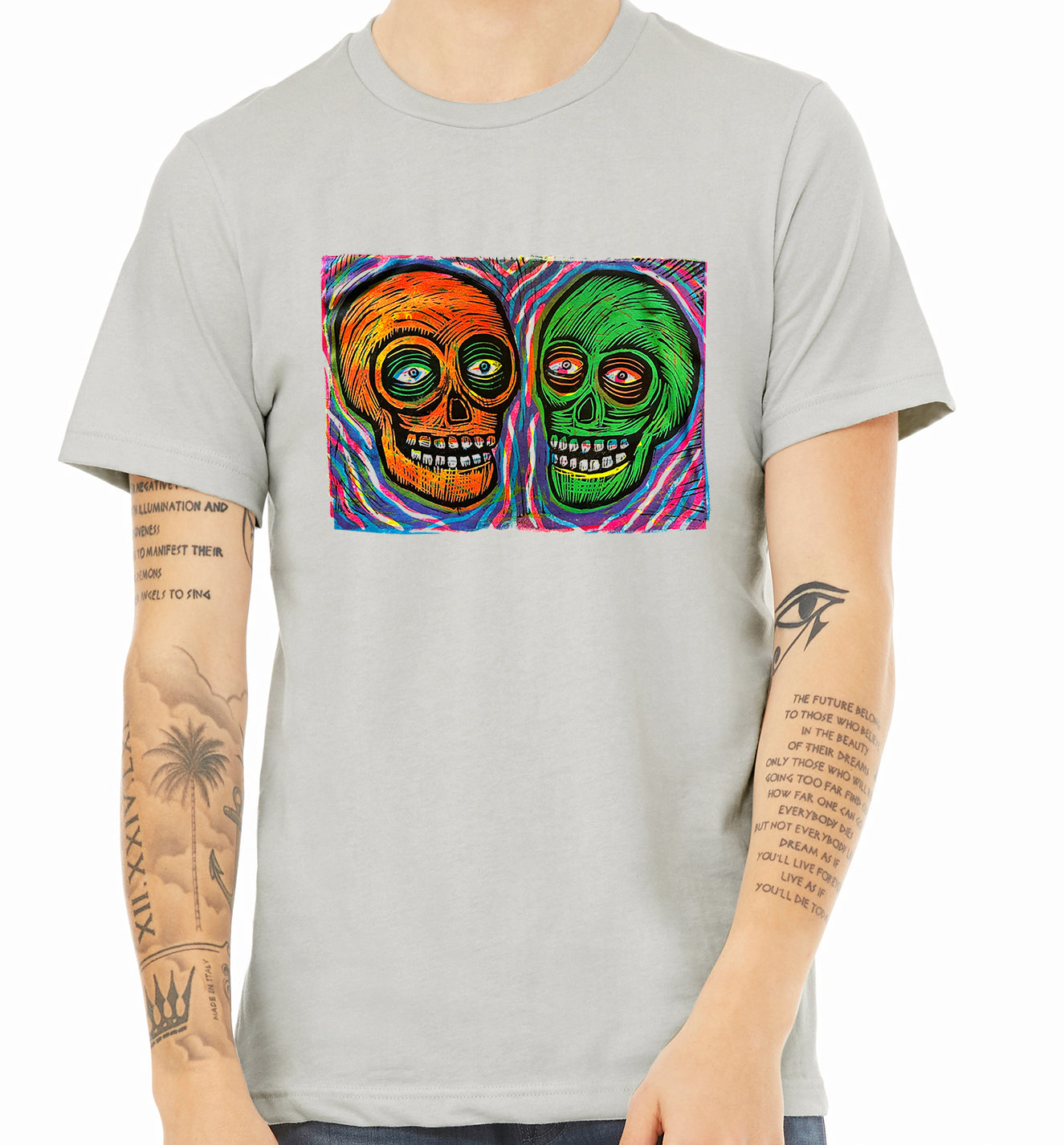 Twin Skulls Lino cut printed T-Shirt